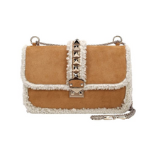 Load image into Gallery viewer, Valentino Shearling Medium Glam Lock Rockstud Flap Tan