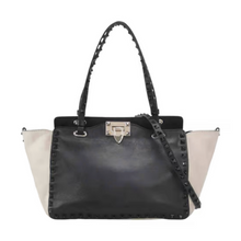 Load image into Gallery viewer, Valentino Vitello Medium Rockstud Tote Black & Cream
