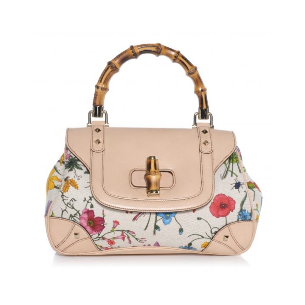 Gucci Limited Edition Leather & Floral Print Canvas with Bamboo Handle