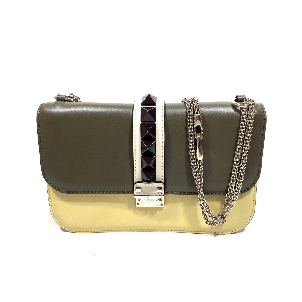 Valentino Garavani Glam Lockstud Medium Shoulder Bag Olive & Yellow