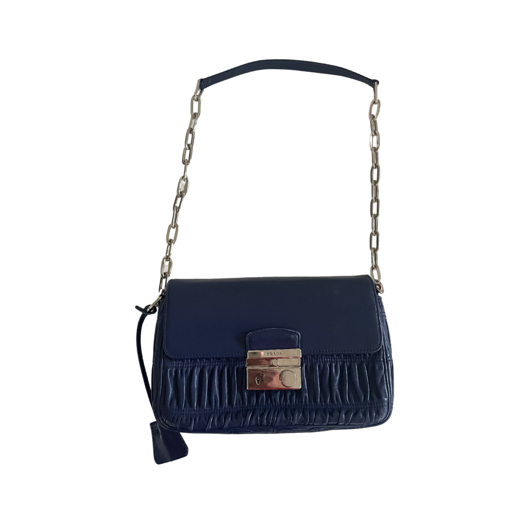 Prada Blue Nappa Gaufre Sound Chain Flap Bag